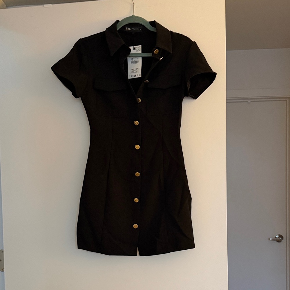Zara Black Button-Up Shirt Dress with Gold Accents